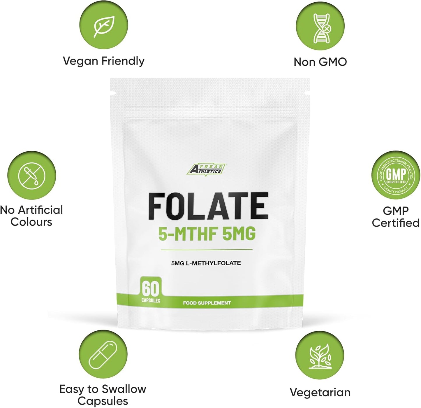 Freak Athletics Folate 5mg (L-Methylfolate) 60 Capsules, 5-MTHF Active Form of Folic Acid/Vitamin B9