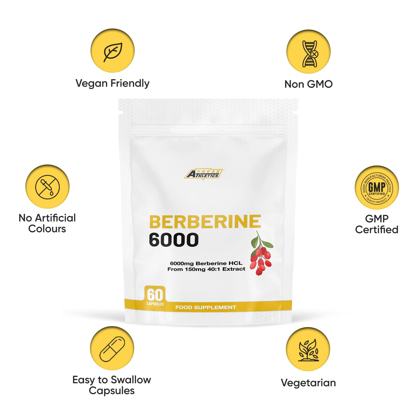 Freak Athletics Berberine HCL 500mg – 60 Vegan Capsules, Berberine Hydrochloride for Daily Wellness Support, High Strength, UK-Made