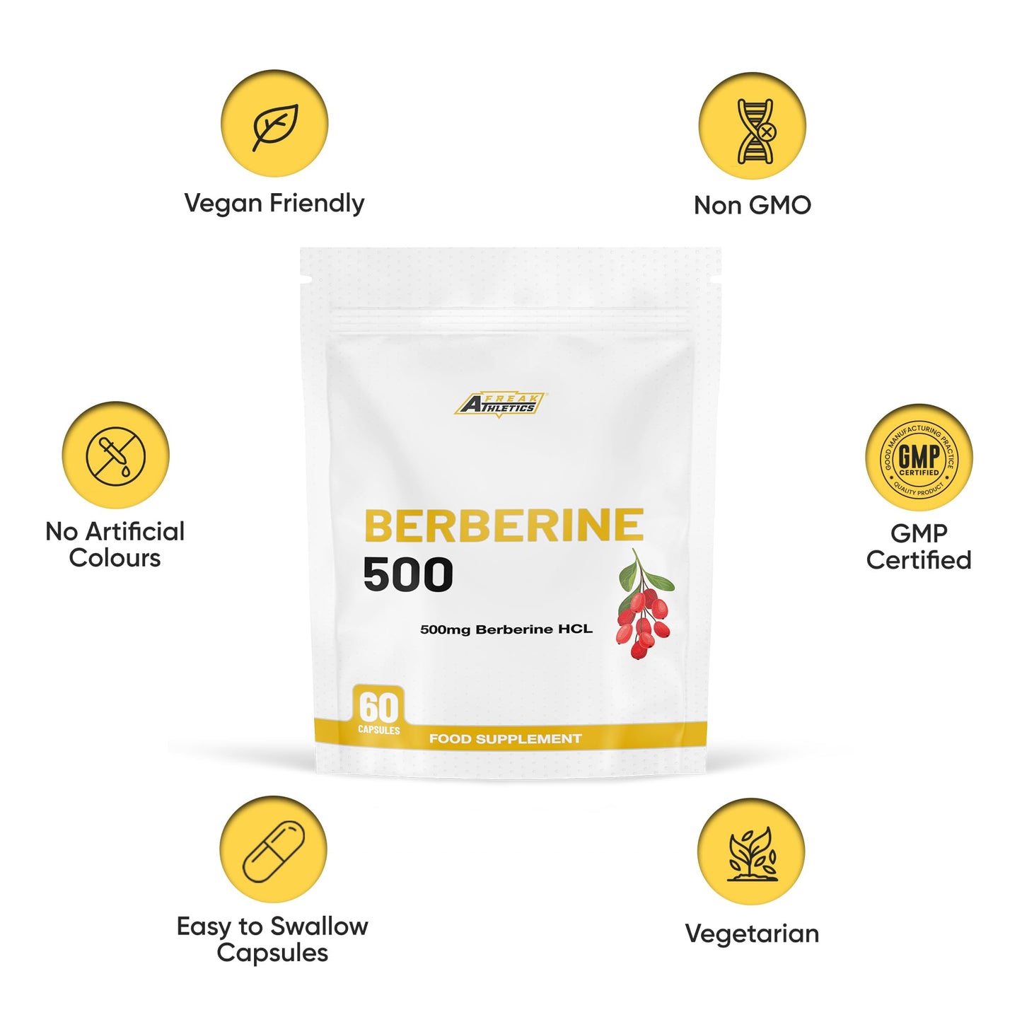 Freak Athletics Berberine HCL 500mg – 60 Vegan Capsules, Berberine Hydrochloride for Daily Wellness Support, High Strength, UK-Made