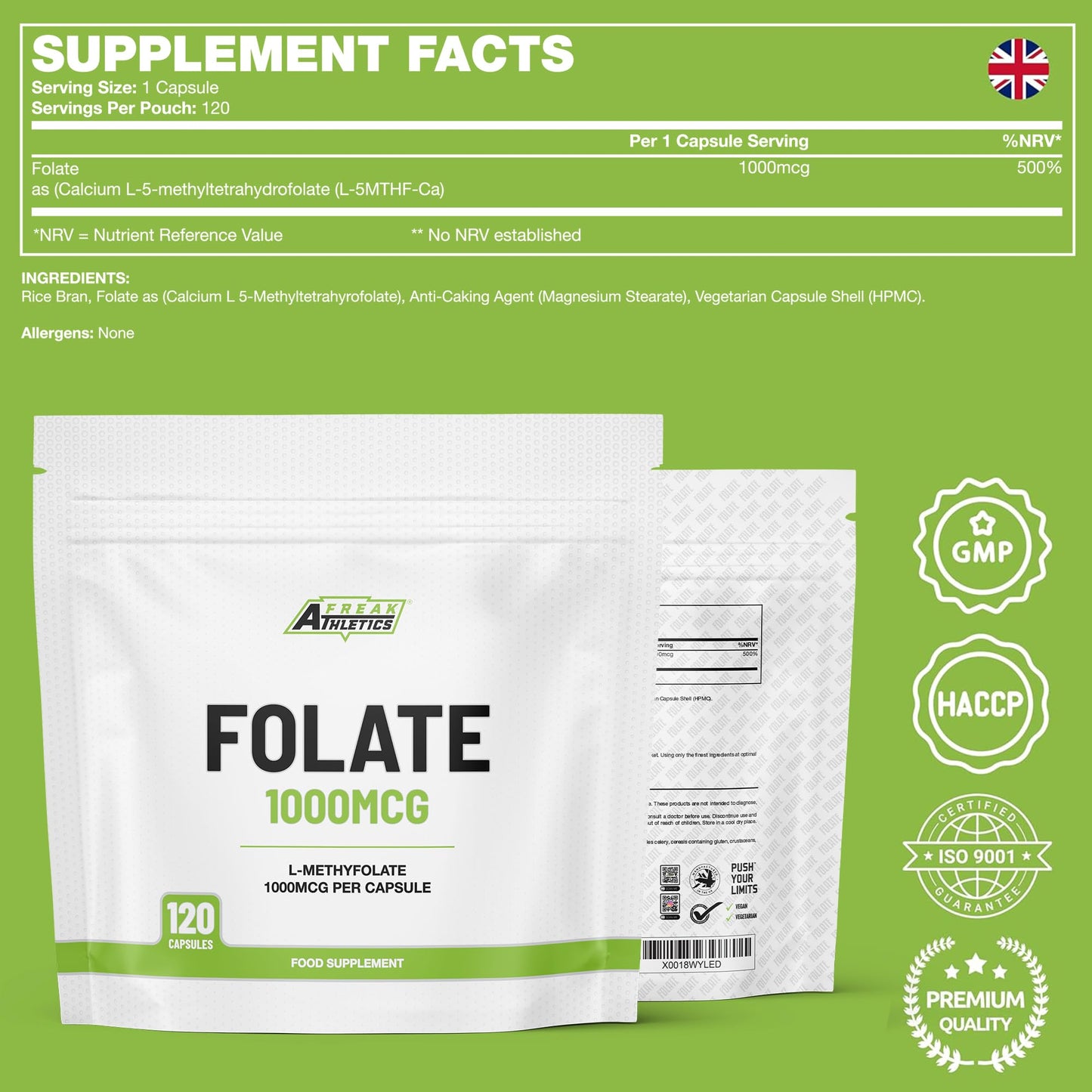 Freak Athletics Folate 400mcg (L-Methylfolate) 90 Capsules, 5-MTHF Active Form of Folic Acid/Vitamin B9, UK Made