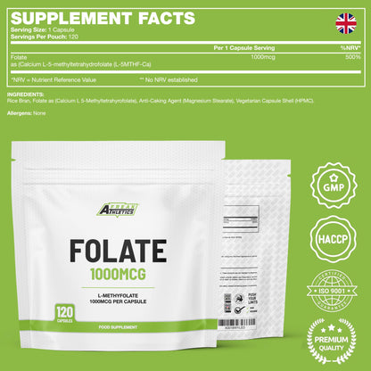 Freak Athletics Folate 400mcg (L-Methylfolate) 90 Capsules, 5-MTHF Active Form of Folic Acid/Vitamin B9, UK Made