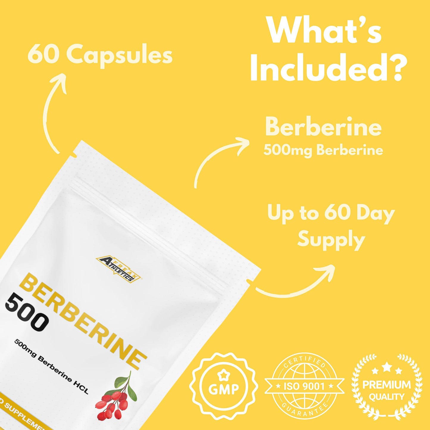 Freak Athletics Berberine HCL 500mg – 60 Vegan Capsules, Berberine Hydrochloride for Daily Wellness Support, High Strength, UK-Made