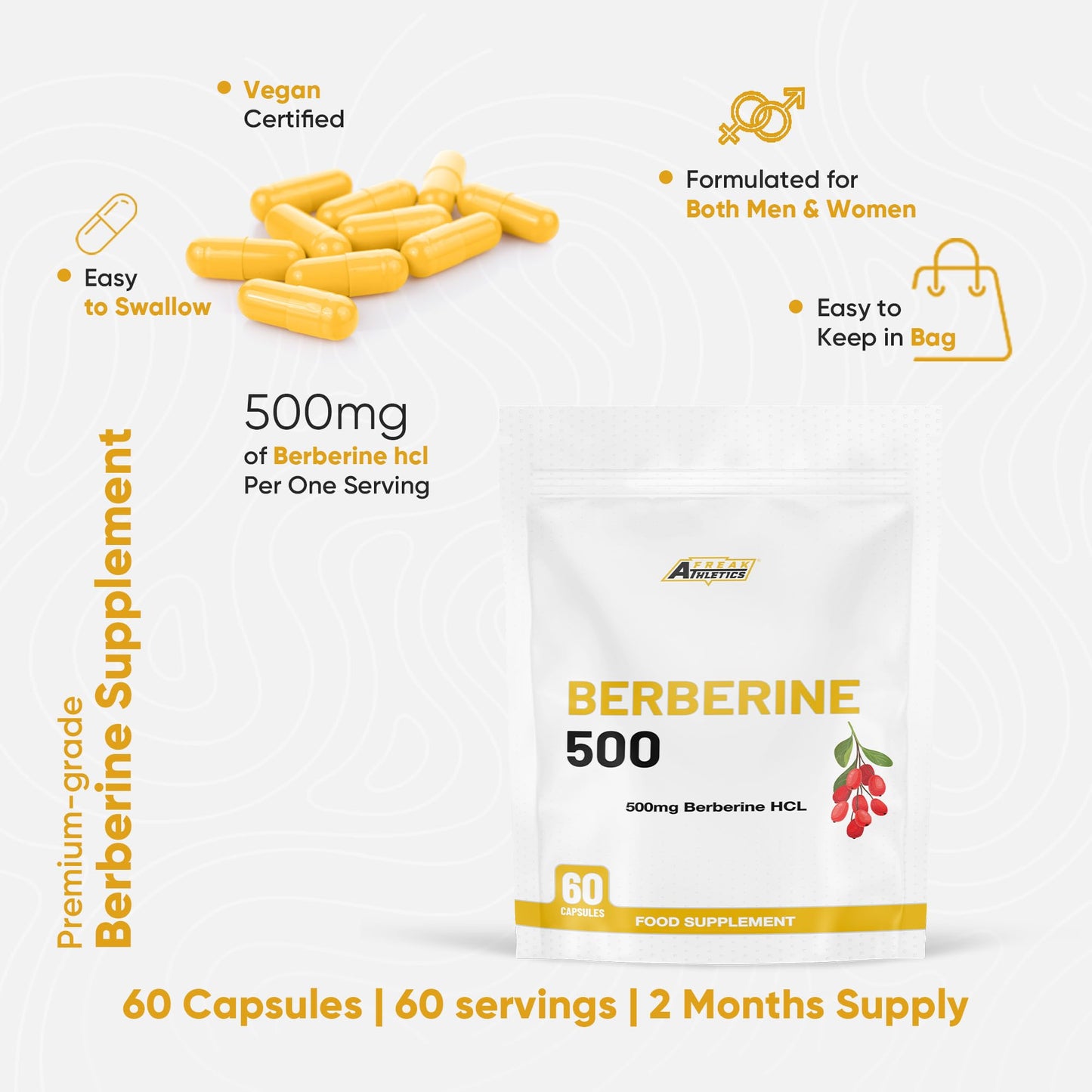 Freak Athletics Berberine HCL 500mg – 60 Vegan Capsules, Berberine Hydrochloride for Daily Wellness Support, High Strength, UK-Made