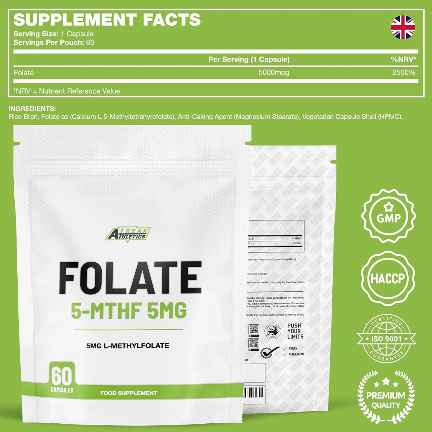 Freak Athletics Folate 400mcg (L-Methylfolate) 90 Capsules, 5-MTHF Active Form of Folic Acid/Vitamin B9, UK Made