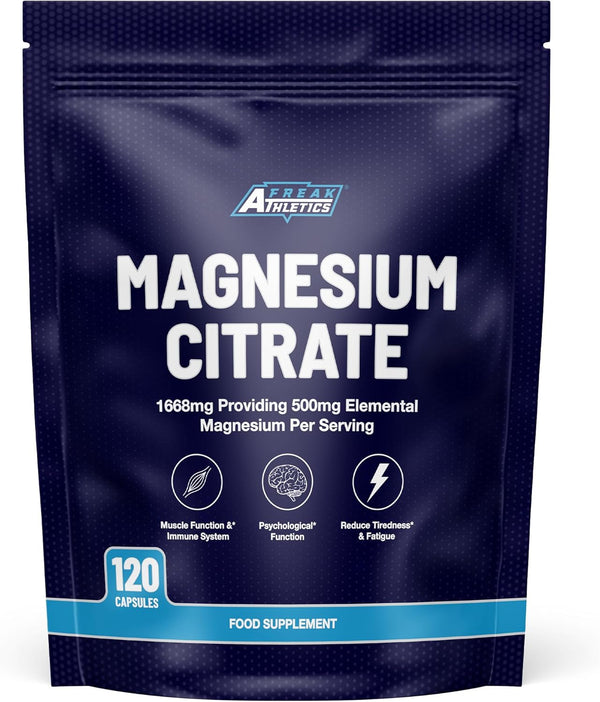 Freak Athletics Magnesium Citrate - 500 mg Elemental Magnesium | High Absorption Formula for Energy, Muscle & Nervous System Support | 120 Vegan Capsules (60 Servings) | UK-Made Premium Supplement