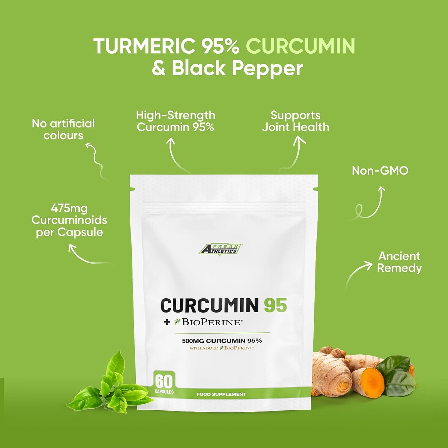 Freak Athletics Curcumin 95 + Bioperine® 60 Turmeric Curcumin Capsules High Strength with Black Pepper - Curcumin 95% & Black Pepper - Turmeric Curcumin UK Made…