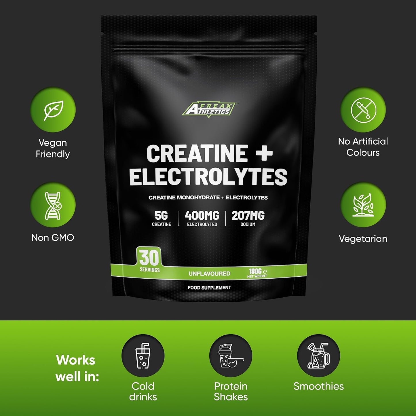 Freak Athletics Creatine Monohydrate Powder + Electrolytes Powder - Unflavoured |180g | 30 Servings | Creatine & Electrolytes Blend for Strength, Hydration, Performance, Pre & Post Workout