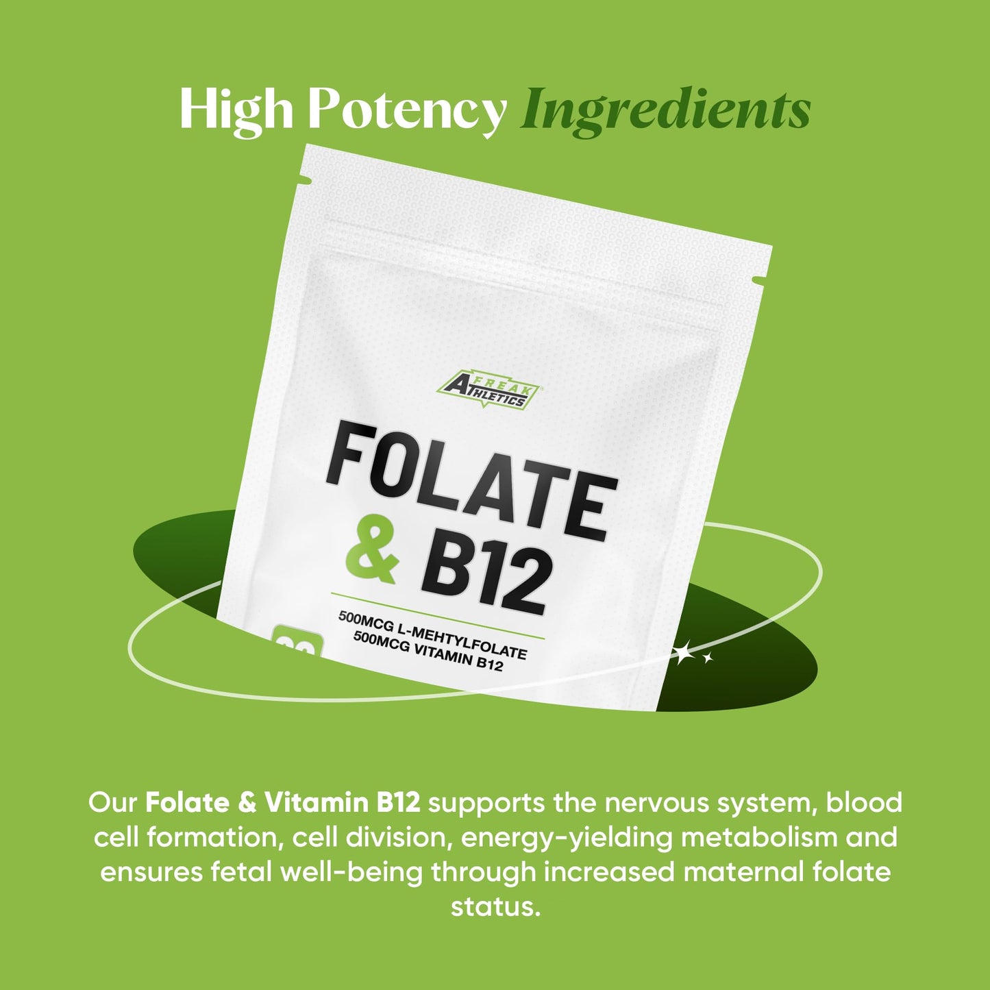 Freak Athletics Folate 400mcg (L-Methylfolate) 90 Capsules, 5-MTHF Active Form of Folic Acid/Vitamin B9, UK Made