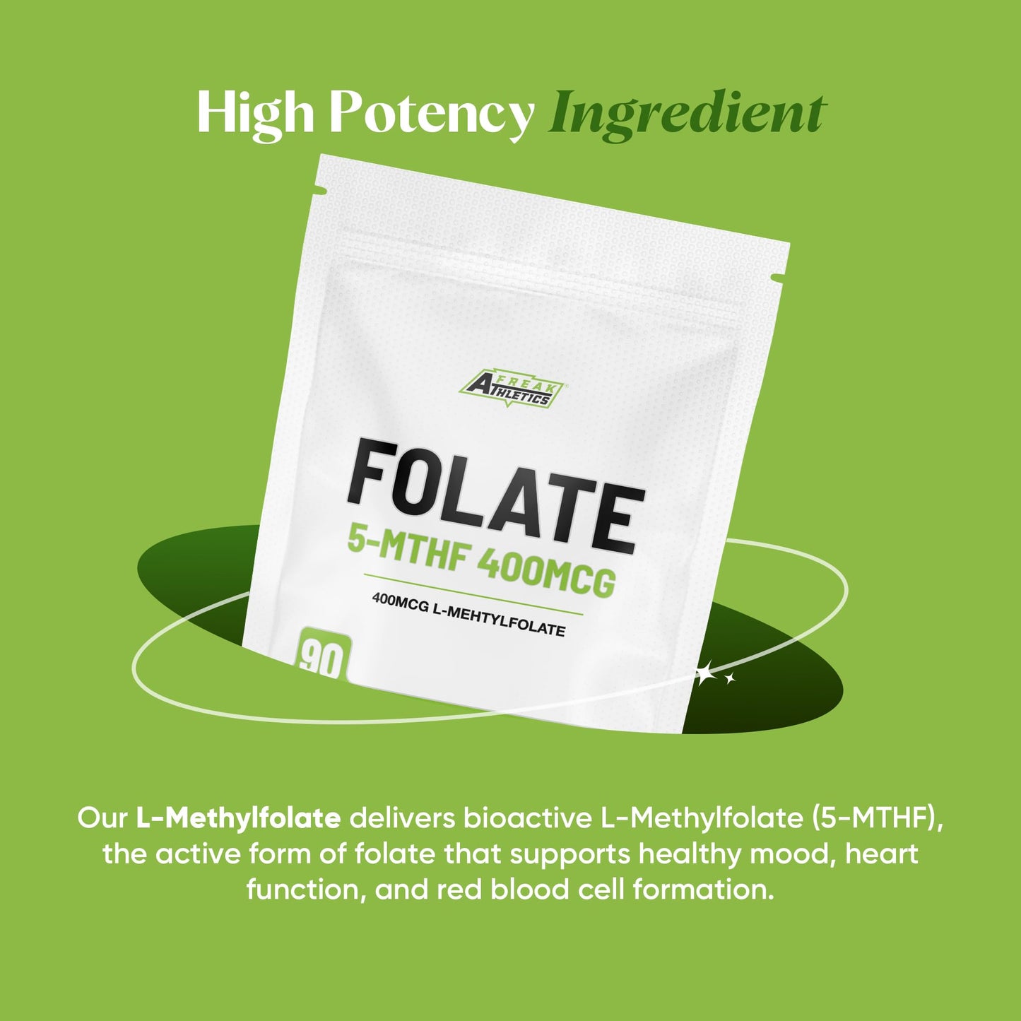 Freak Athletics Folate 400mcg (L-Methylfolate) 90 Capsules, 5-MTHF Active Form of Folic Acid/Vitamin B9, UK Made
