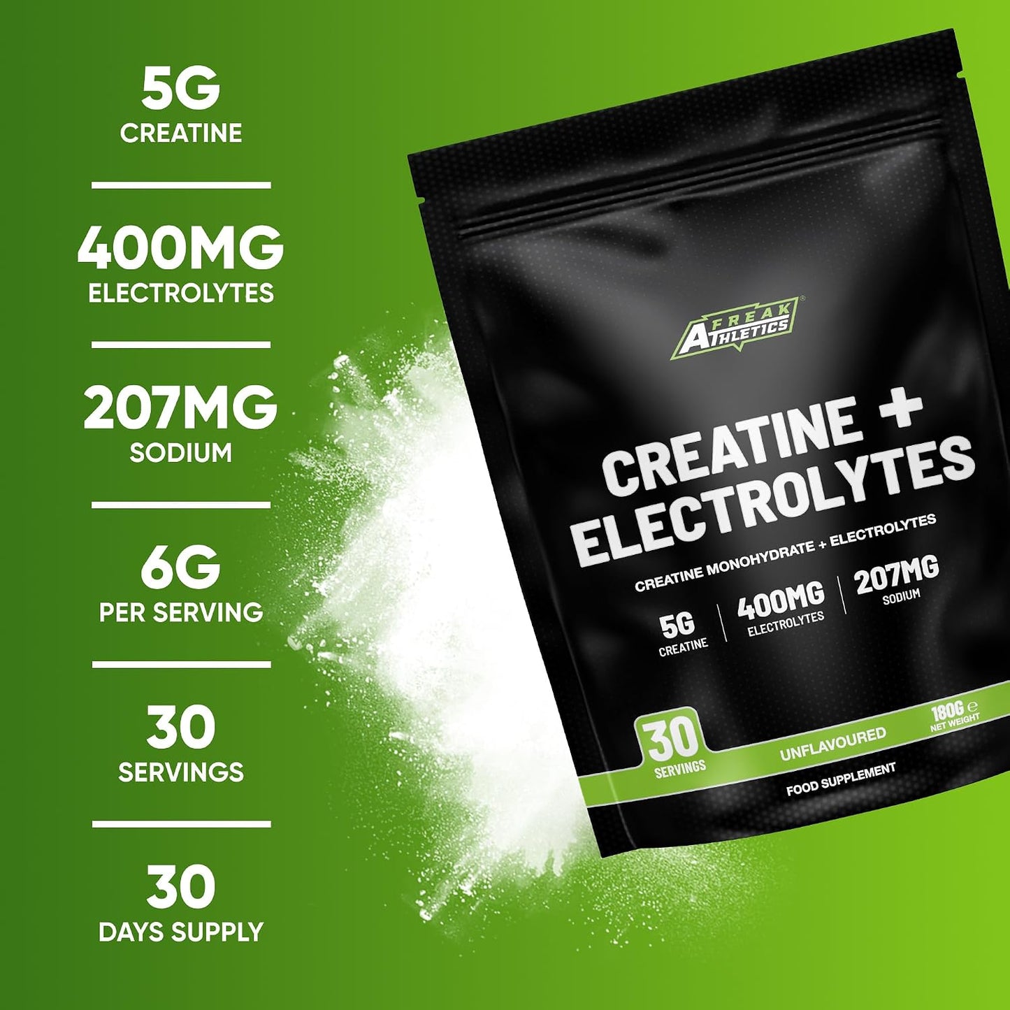 Freak Athletics Creatine Monohydrate Powder + Electrolytes Powder - Unflavoured |180g | 30 Servings | Creatine & Electrolytes Blend for Strength, Hydration, Performance, Pre & Post Workout