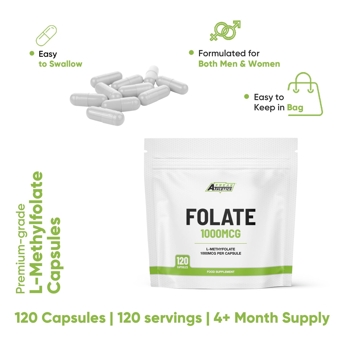 Freak Athletics Folate 400mcg (L-Methylfolate) 90 Capsules, 5-MTHF Active Form of Folic Acid/Vitamin B9, UK Made