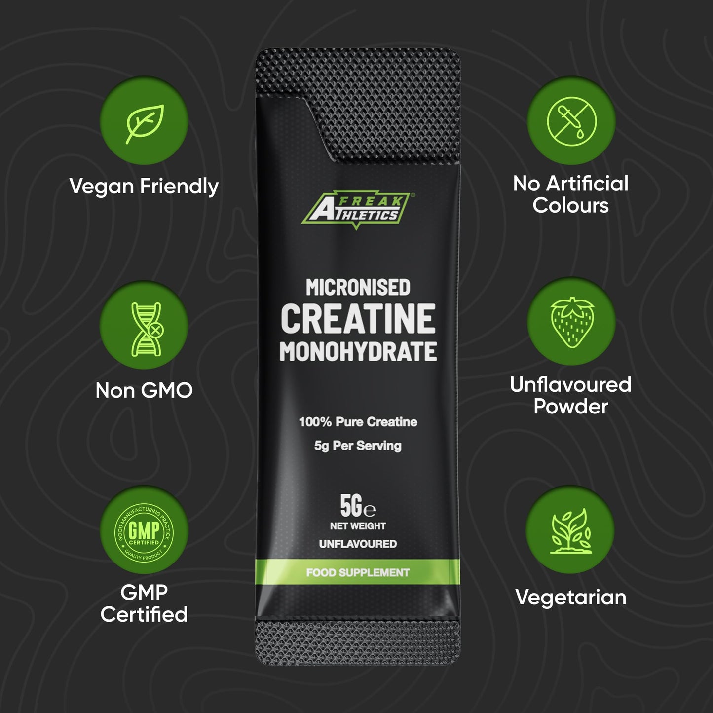 Freak Athletics Creatine Monohydrate Powder - (30 Sachets), 5g Unflavoured Creatine Powder, 100% Pure Micronised Creatine for Strength, Power & Muscle Performance, Easy to Mix, Lab Tested