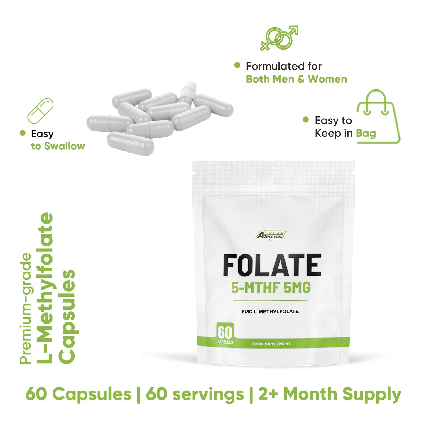 Freak Athletics Folate 400mcg (L-Methylfolate) 90 Capsules, 5-MTHF Active Form of Folic Acid/Vitamin B9, UK Made