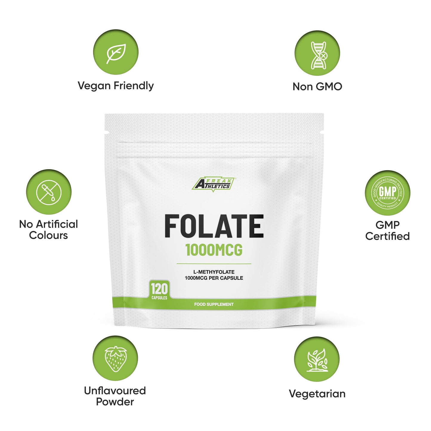 Freak Athletics Folate 400mcg (L-Methylfolate) 90 Capsules, 5-MTHF Active Form of Folic Acid/Vitamin B9, UK Made