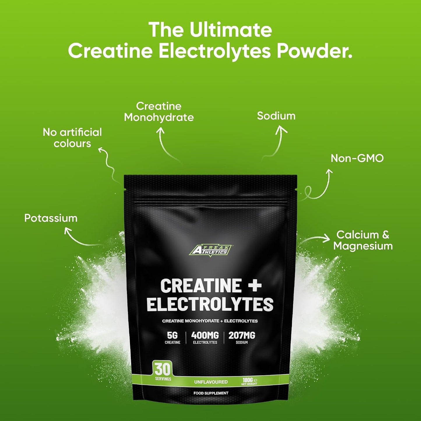 Freak Athletics Creatine Monohydrate Powder + Electrolytes Powder - Unflavoured |180g | 30 Servings | Creatine & Electrolytes Blend for Strength, Hydration, Performance, Pre & Post Workout