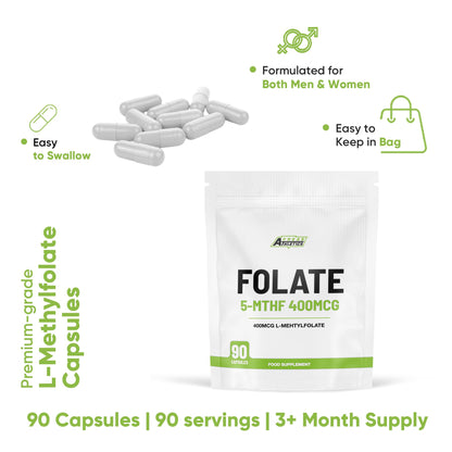 Freak Athletics Folate 400mcg (L-Methylfolate) 90 Capsules, 5-MTHF Active Form of Folic Acid/Vitamin B9, UK Made