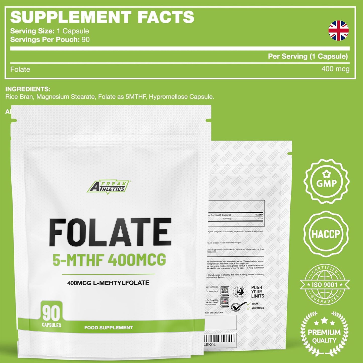 Freak Athletics Folate 400mcg (L-Methylfolate) 90 Capsules, 5-MTHF Active Form of Folic Acid/Vitamin B9, UK Made