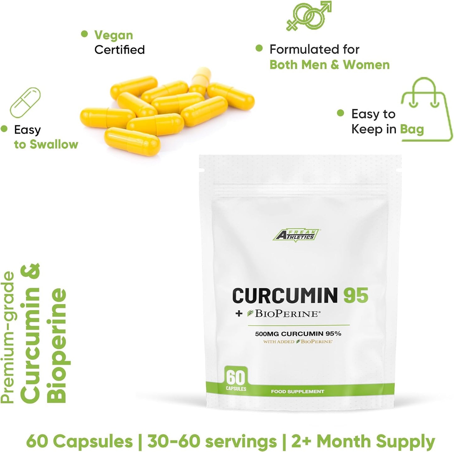 Freak Athletics Curcumin 95 + Bioperine® 60 Turmeric Curcumin Capsules High Strength with Black Pepper - Curcumin 95% & Black Pepper - Turmeric Curcumin UK Made…