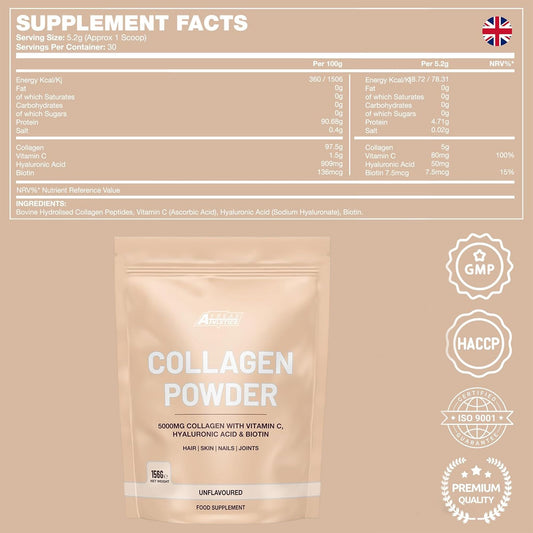 Collagen Powder - Collagen Peptides Powder with Hyaluronic Acid, Vitamin C & Biotin, 5000mg Hydrolysed Bovine Collagen per Serving, Unflavoured, 30 Servings |156g