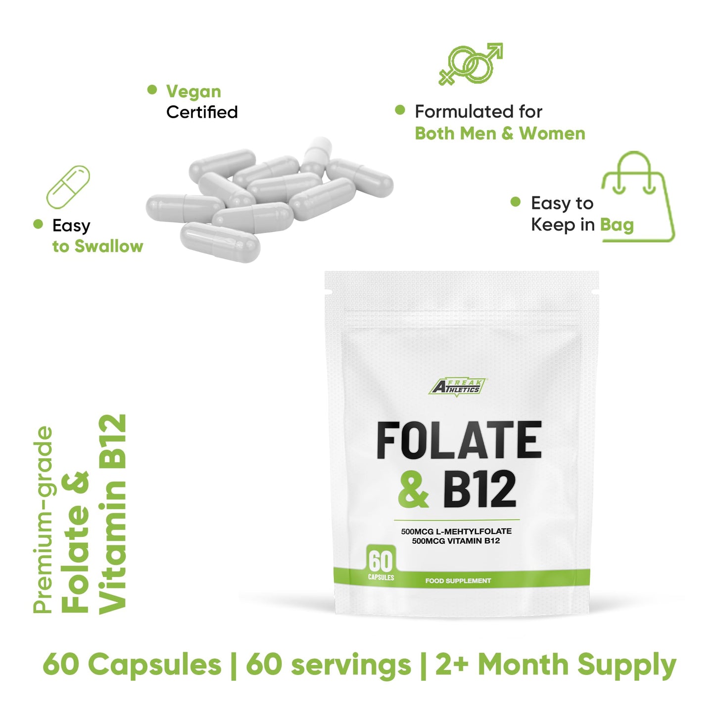 Freak Athletics Folate 400mcg (L-Methylfolate) 90 Capsules, 5-MTHF Active Form of Folic Acid/Vitamin B9, UK Made