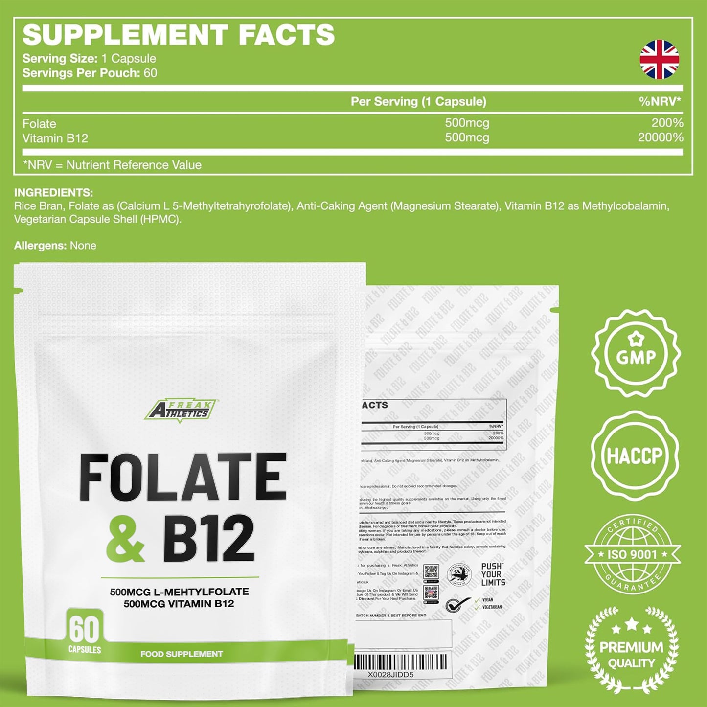 Freak Athletics Folate 400mcg (L-Methylfolate) 90 Capsules, 5-MTHF Active Form of Folic Acid/Vitamin B9, UK Made