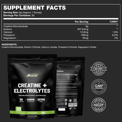 Freak Athletics Creatine Monohydrate Powder + Electrolytes Powder - Unflavoured |180g | 30 Servings | Creatine & Electrolytes Blend for Strength, Hydration, Performance, Pre & Post Workout