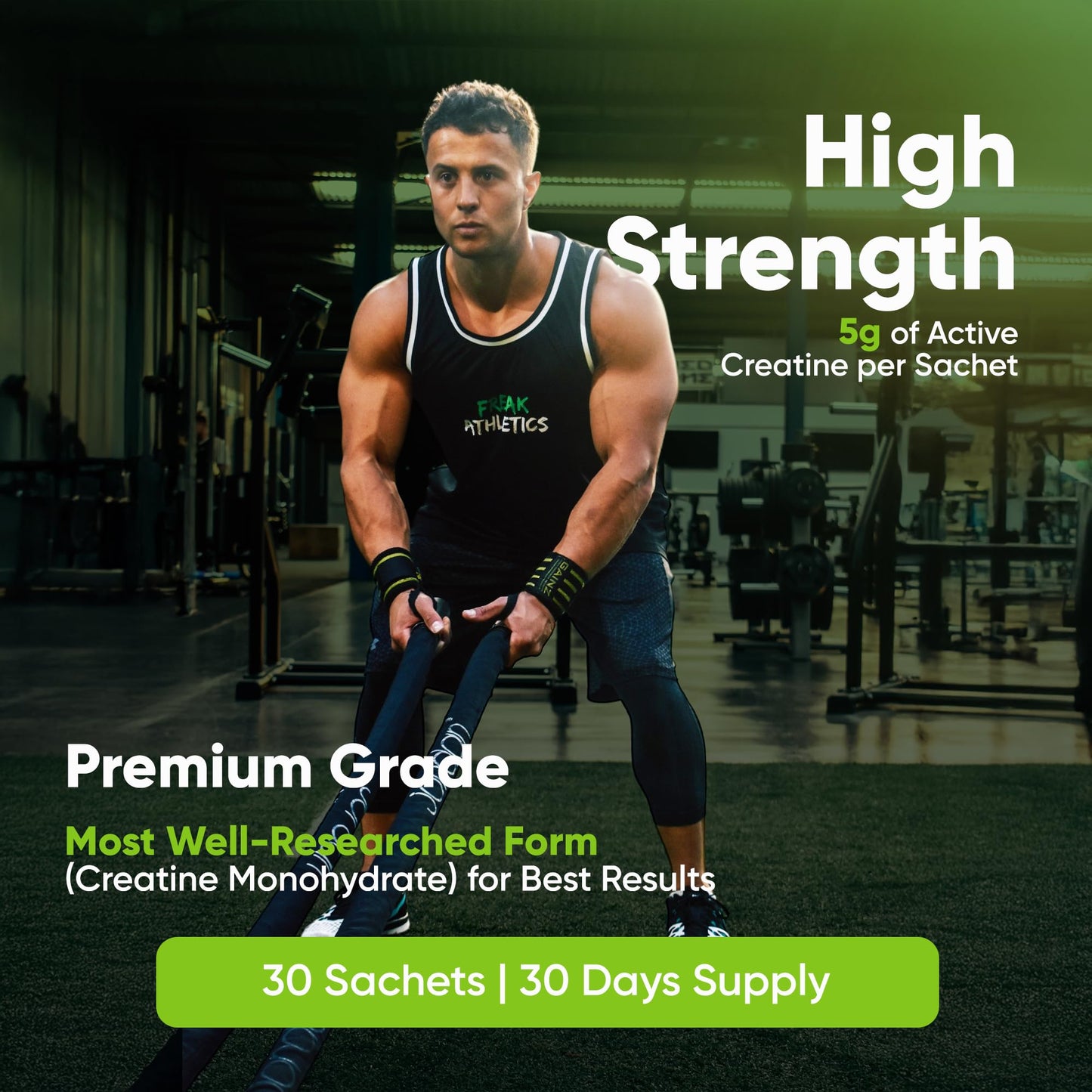 Freak Athletics Creatine Monohydrate Powder - (30 Sachets), 5g Unflavoured Creatine Powder, 100% Pure Micronised Creatine for Strength, Power & Muscle Performance, Easy to Mix, Lab Tested