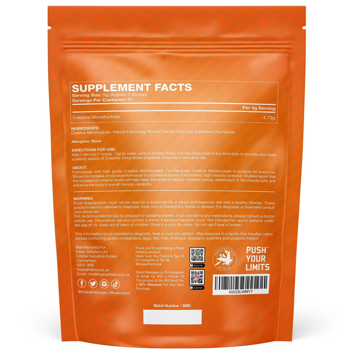 Freak Athletics Creatine Monohydrate Powder - (30 Sachets), 5g Unflavoured Creatine Powder, 100% Pure Micronised Creatine for Strength, Power & Muscle Performance, Easy to Mix, Lab Tested