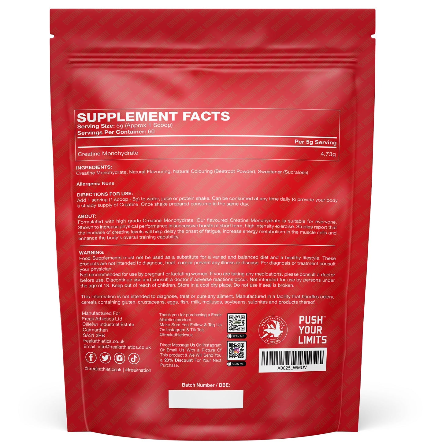 Freak Athletics Creatine Monohydrate Powder - (30 Sachets), 5g Unflavoured Creatine Powder, 100% Pure Micronised Creatine for Strength, Power & Muscle Performance, Easy to Mix, Lab Tested