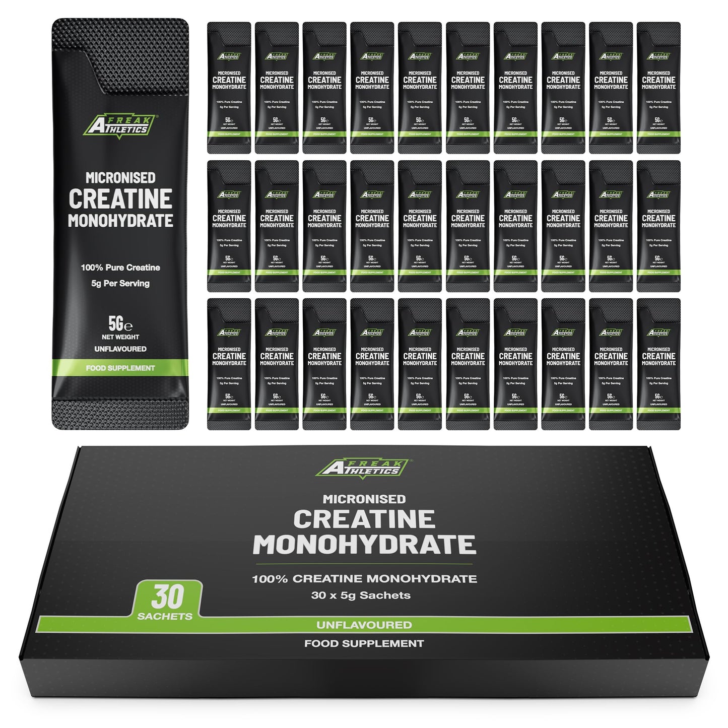 Freak Athletics Creatine Monohydrate Powder - (30 Sachets), 5g Unflavoured Creatine Powder, 100% Pure Micronised Creatine for Strength, Power & Muscle Performance, Easy to Mix, Lab Tested